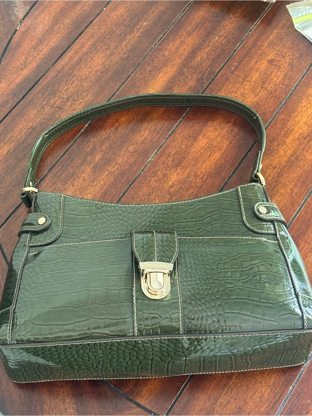 Liz Claiborne Dark Green Croc-Embossed Shoulder Bag